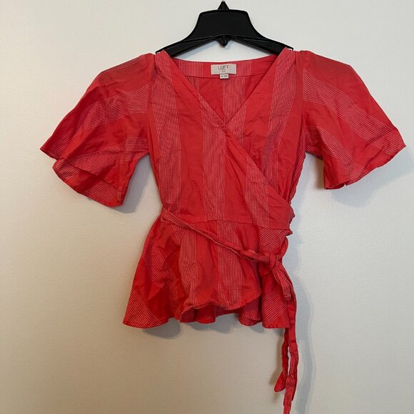 Loft Striped VNeck Flutter Sleeve Wrap Tie Blouse - Picture 2 of 4